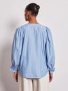 Vivere V-Neck Gathered Cuff Shirt - Blue Stripe