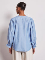 Vivere V-Neck Gathered Cuff Shirt - Blue Stripe