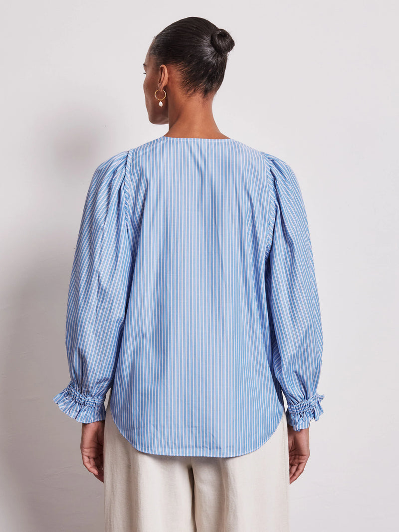 Vivere V-Neck Gathered Cuff Shirt - Blue Stripe