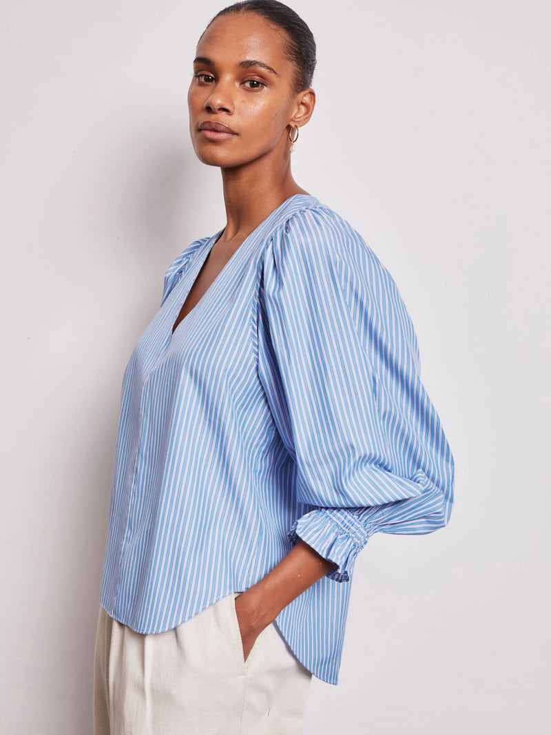 Vivere V-Neck Gathered Cuff Shirt - Blue Stripe