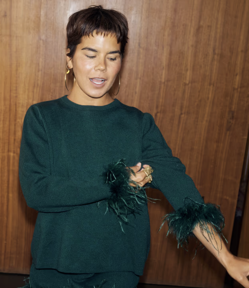 Never Fully Dressed Jamie Faux Feather Trim Jumper - Bottle Green