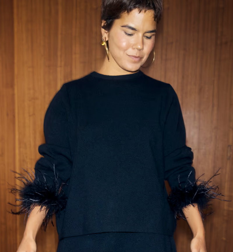 Never Fully Dressed Jamie Faux Feather Trim Jumper - Black