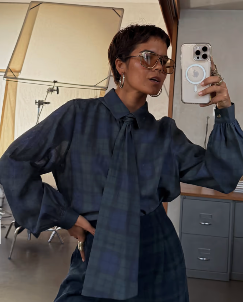 Never Fully Dressed Tartan Pussy Bow Blouse - Blue