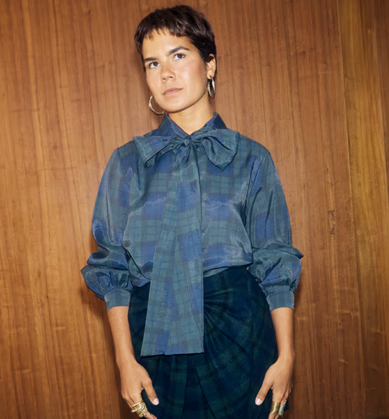 Never Fully Dressed Tartan Pussy Bow Blouse - Blue