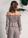 Vivere Willow Off Shoulder Shirred Top - Brown/Cream Stripe