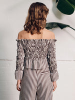 Vivere Willow Off Shoulder Shirred Top - Brown/Cream Stripe