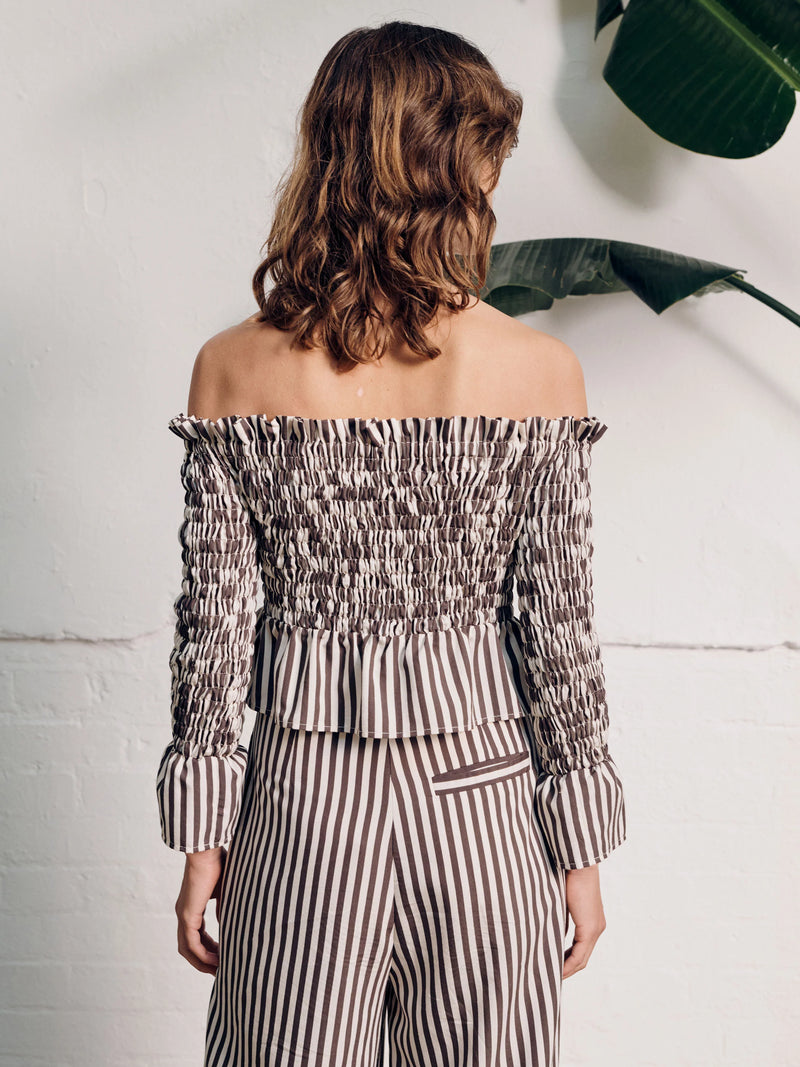 Vivere Willow Off Shoulder Shirred Top - Brown/Cream Stripe