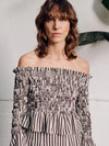 Vivere Willow Off Shoulder Shirred Top - Brown/Cream Stripe