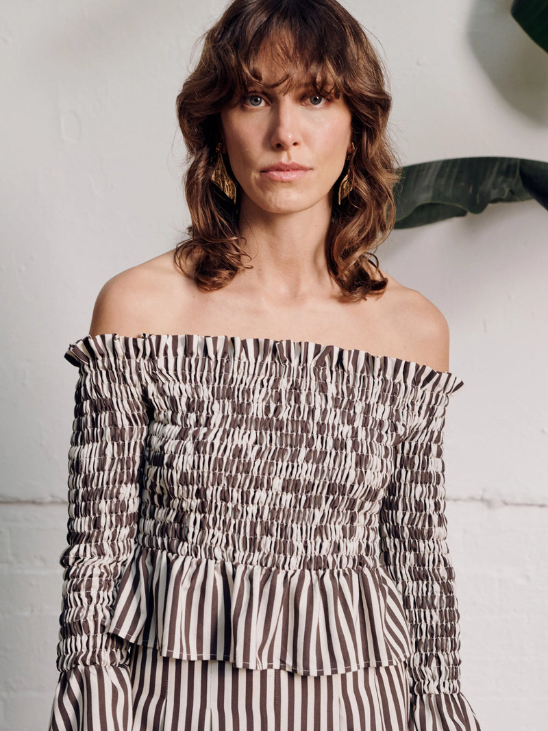 Vivere Willow Off Shoulder Shirred Top - Brown/Cream Stripe
