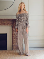 Vivere Willow Off Shoulder Shirred Top - Brown/Cream Stripe
