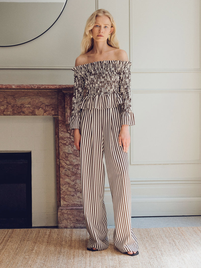 Vivere Willow Off Shoulder Shirred Top - Brown/Cream Stripe