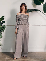 Vivere Willow Off Shoulder Shirred Top - Brown/Cream Stripe