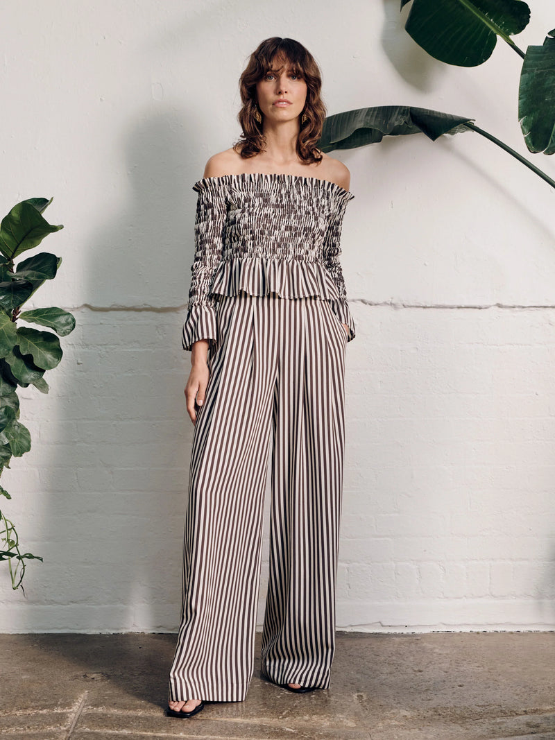 Vivere Willow Off Shoulder Shirred Top - Brown/Cream Stripe