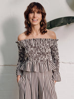 Vivere Willow Off Shoulder Shirred Top - Brown/Cream Stripe