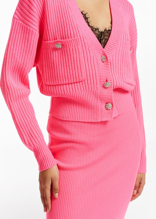 Essentiel Antwerp Essai Ribbed Knitted Cardigan - Neon Pink