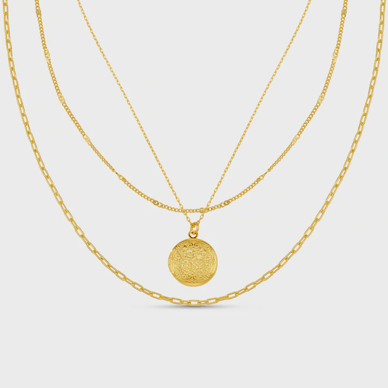 Orelia Detailed Locket 3-Row Necklace - Gold