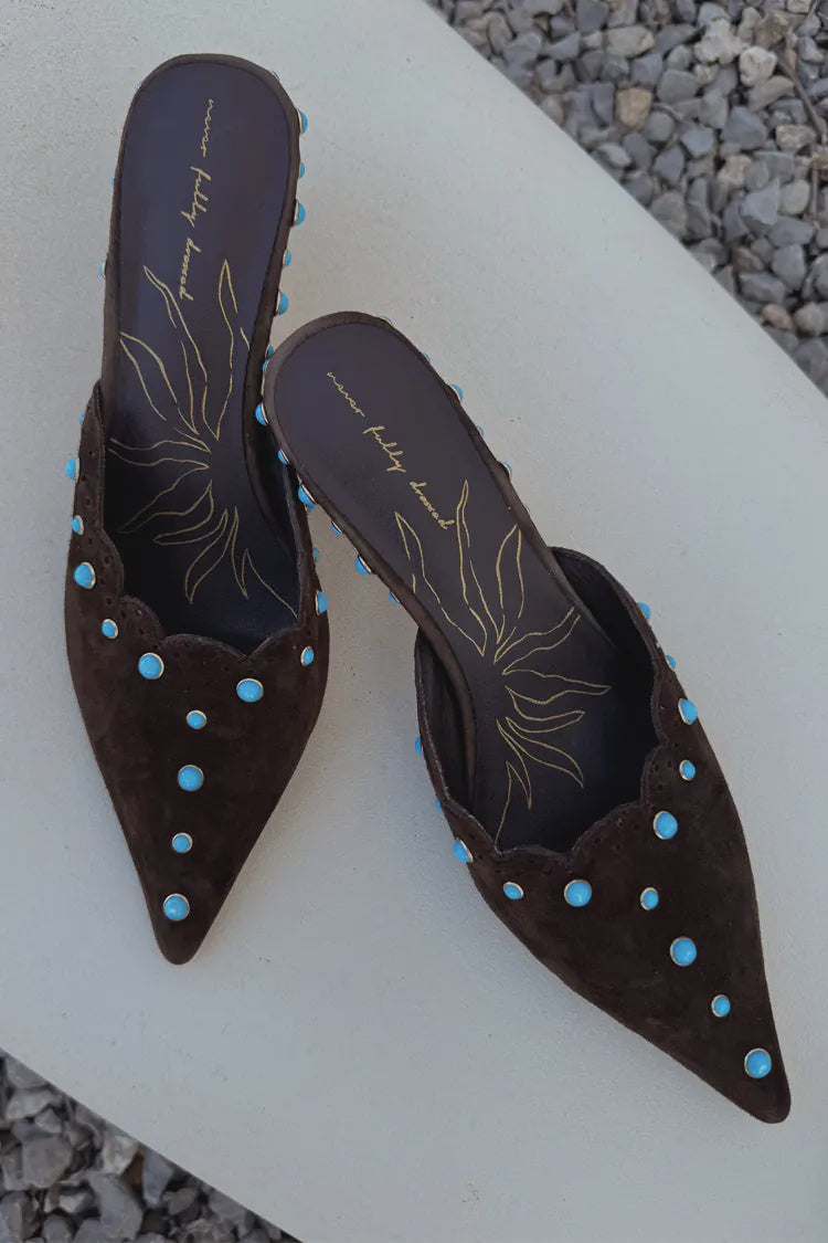 Never Fully Dressed Suede Mules with Turquoise Studs - Chocolate