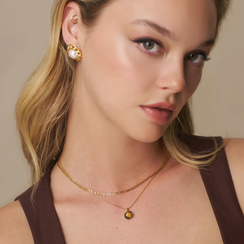 Orelia Semi Precious Tiger's Eye Pendant Necklace - Gold